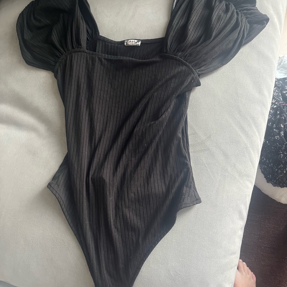 Free People Black Ribbed Bodysuit L